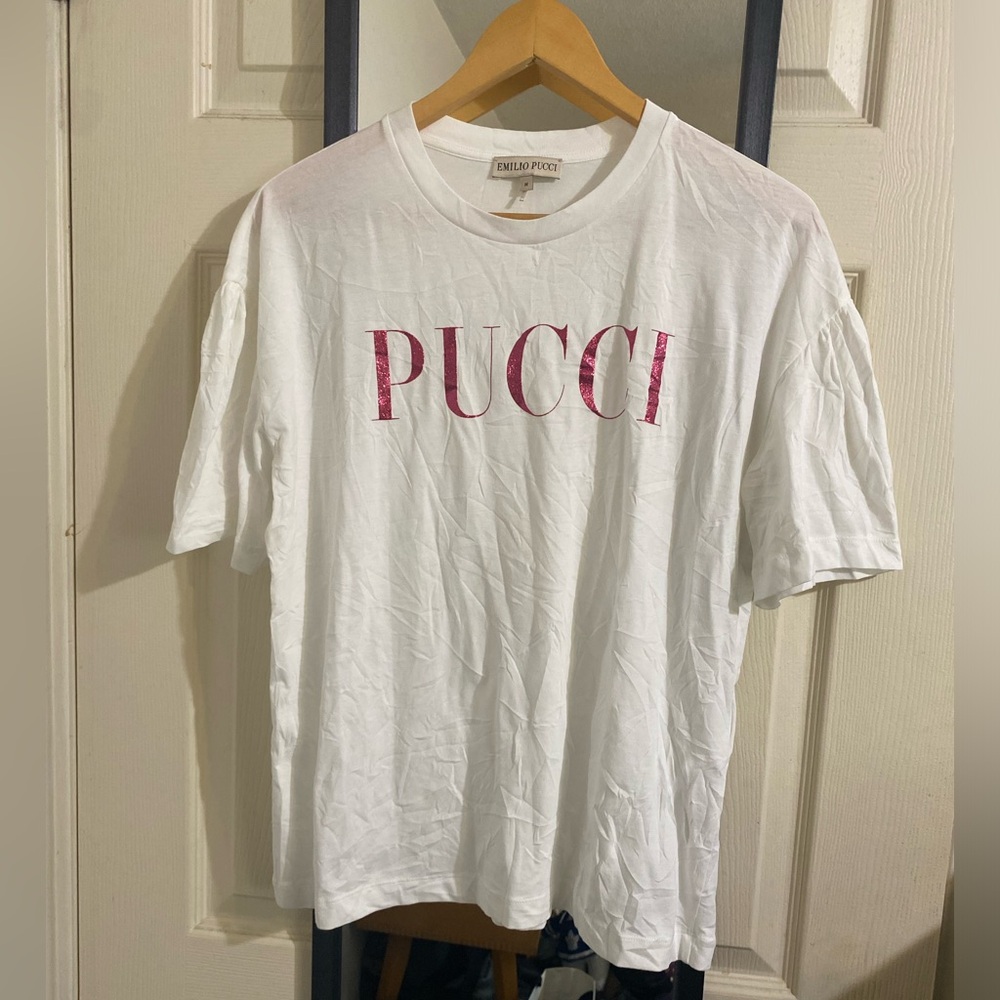 Emilio Pucci White Tee with Pink Glittered Lettering